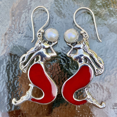 ER 14796 CR-(UNIQUE 925 BALI SILVER MERMAID EARRINGS WITH CORAL)